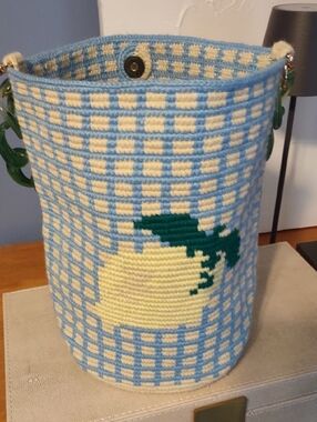 Soraya Hennessy Blue and Cream Crocheted Bucket Tote with Lemon Accent